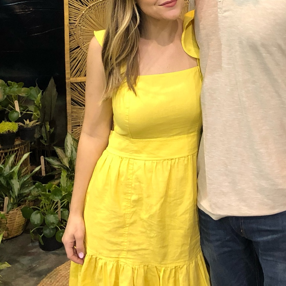 Yellow open back linen dress